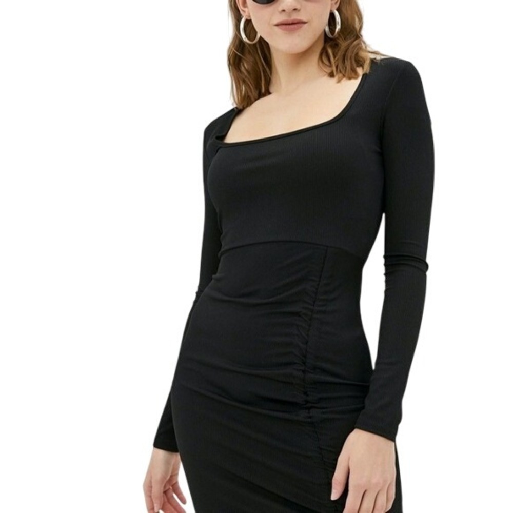 Missguided Black Ribbed Square Neck Ruched Mini Dress Size 4